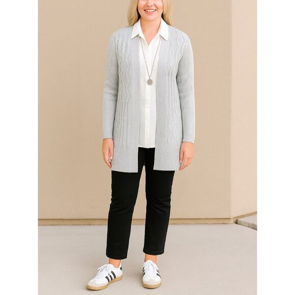 Chico's Cable Stitch Open Front Cardigan Sweater Gray Wool Cashmere Size 1 US M - Picture 1 of 14